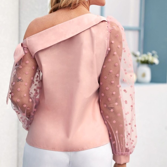 one shoulder bow polka dot sheer sleeve top White - Picture 13 of 14